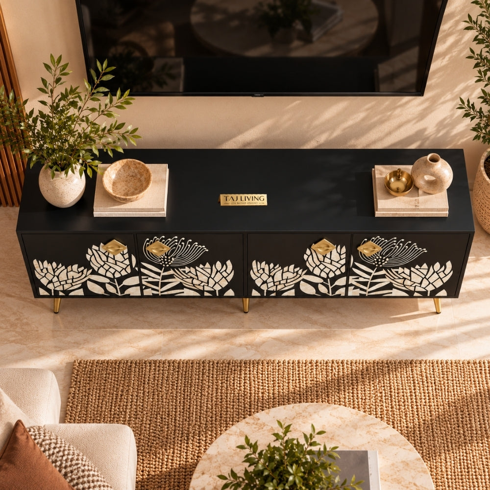 Mother of Pearl Inlay Black TV Unit – 4 Door Media Cabinet