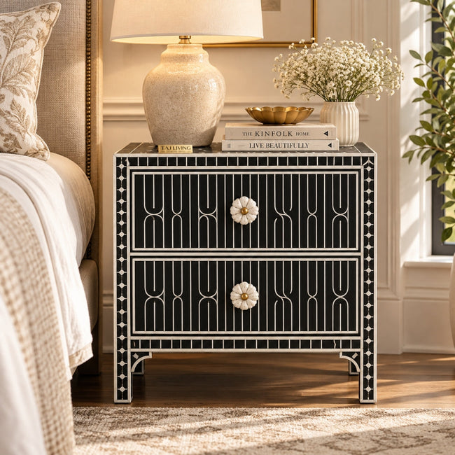 Haveli Black Bone Inlay Nightstand | Geometric 2-Drawer Bedside Cabinet Hover Image