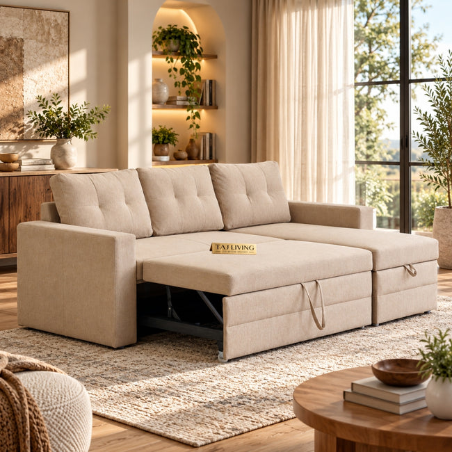 Diwan Fabric 3-Seater Storage Sofa Bed with Interchangeable Chaise - Beige Main Image