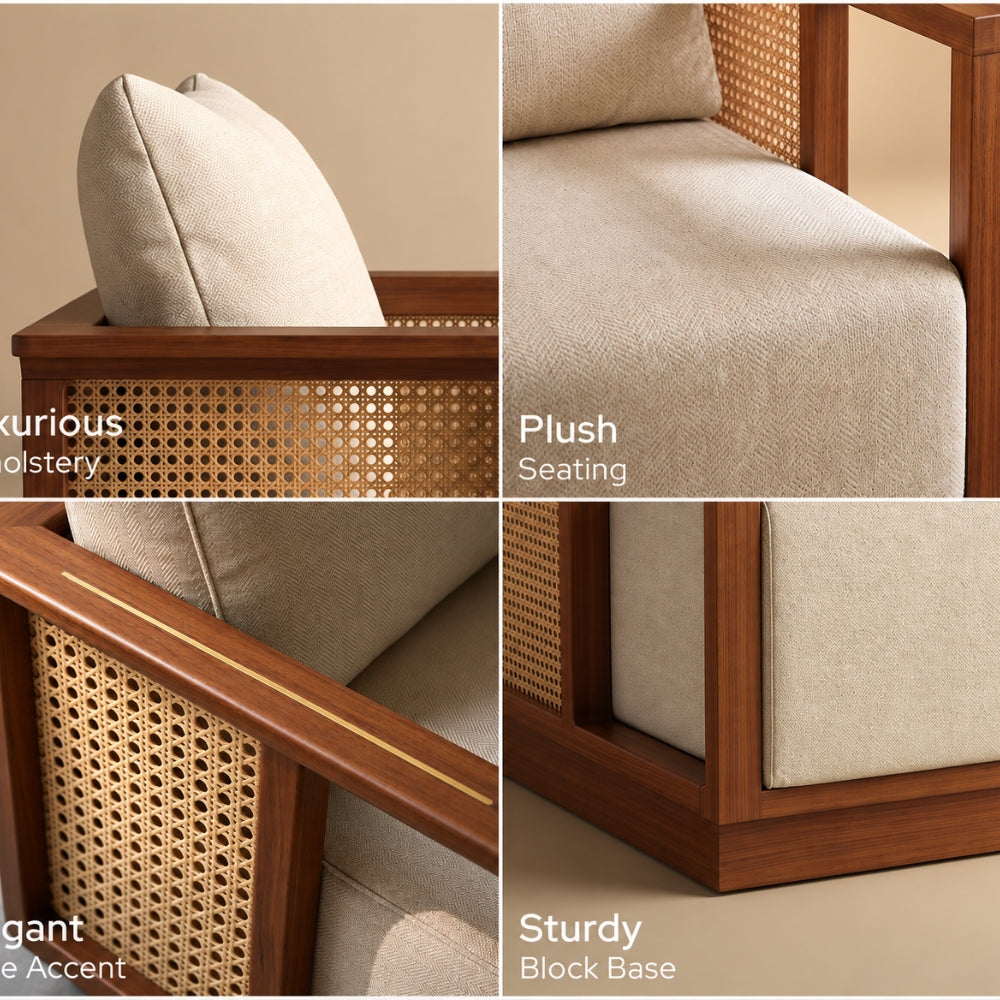 Teak Wood Varnik 3+1+1 Ash Wood Sofa Set with Cane Accents