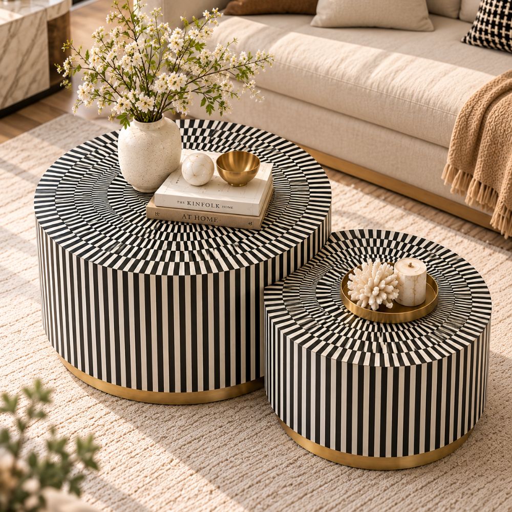 Bone Inlay Black and White Coffee Table Set of 2, Round Nesting Tables