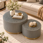 Bone Inlay Black and White Coffee Table Set of 2, Round Nesting Tables