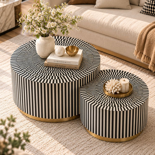 Bone Inlay Black and White Coffee Table Set of 2, Round Nesting Tables Main Image