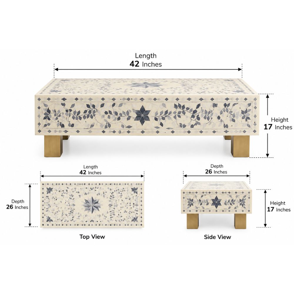 Blue Bone Inlay Rectangular Coffee Table, White Resin Top with Brass Legs