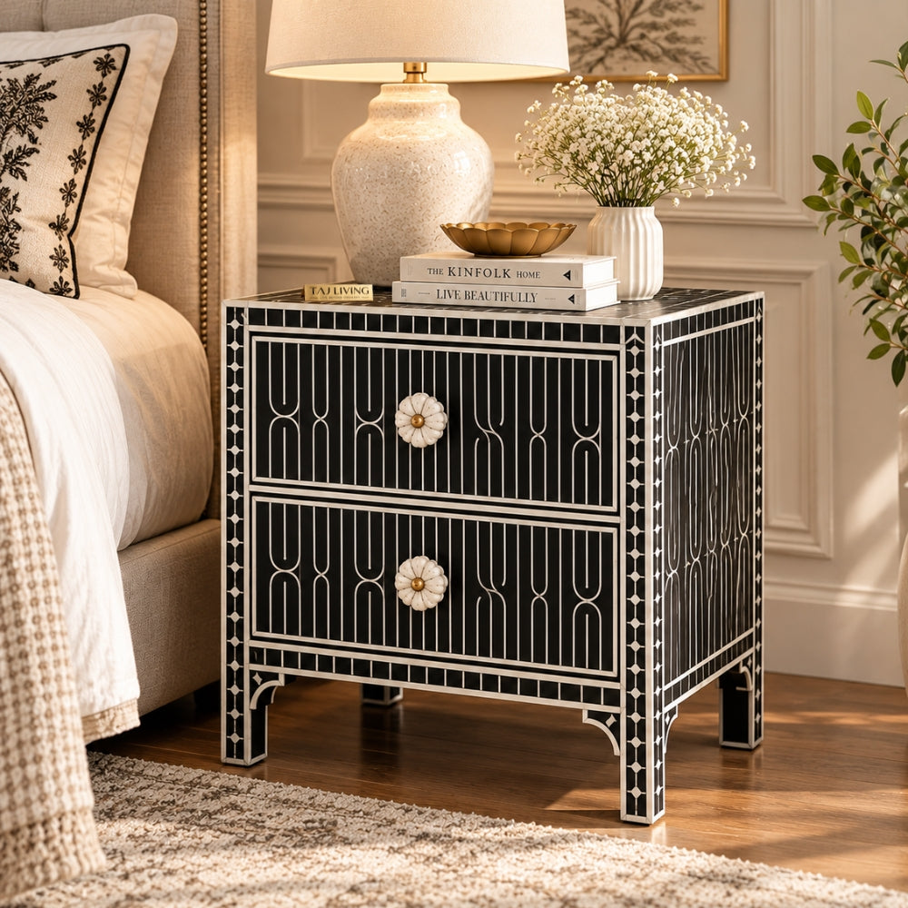 Haveli Black Bone Inlay Nightstand | Geometric 2-Drawer Bedside Cabinet