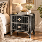 Haveli Black Bone Inlay Nightstand | Geometric 2-Drawer Bedside Cabinet