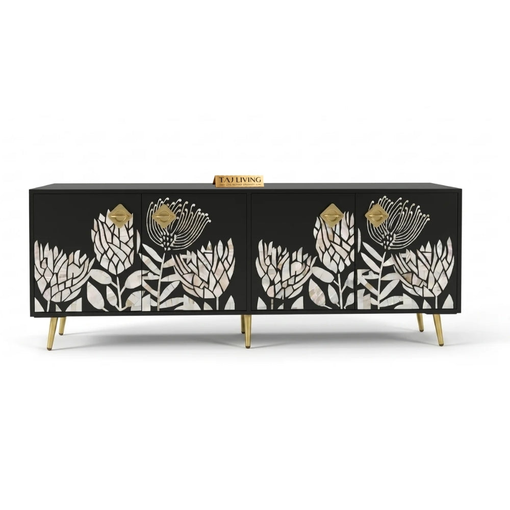 Mother of Pearl Inlay Black TV Unit – 4 Door Media Cabinet