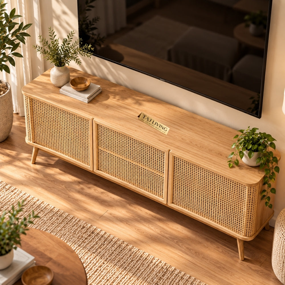 Rattan TV Unit 1 Center Drawer, 2 Cupboards and an Open Shelf