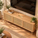 Rattan TV Unit 1 Center Drawer, 2 Cupboards and an Open Shelf