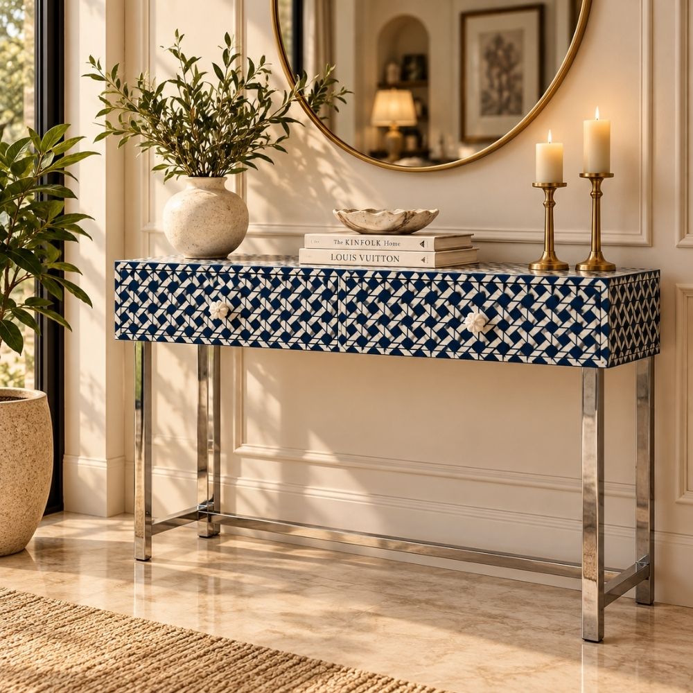 Sheeshmahal Bone Inlay 2 Drawers Console Table