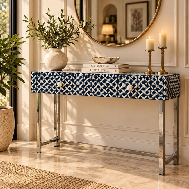 Sheeshmahal Bone Inlay 2 Drawers Console Table Hover Image
