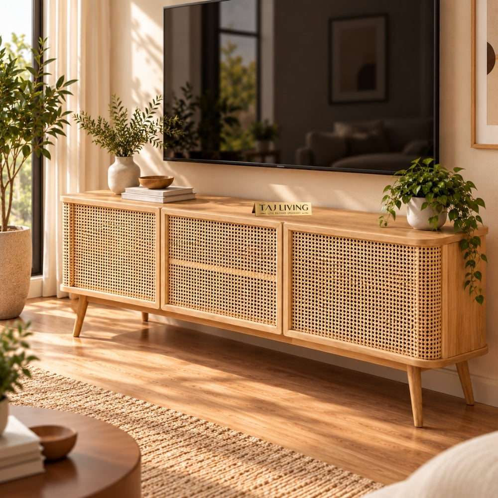 Rattan TV Unit 1 Center Drawer, 2 Cupboards and an Open Shelf