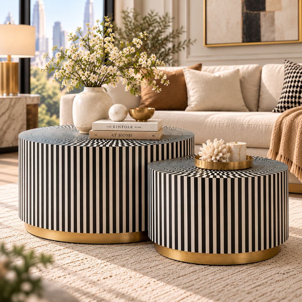 Bone Inlay Black and White Coffee Table Set of 2, Round Nesting Tables