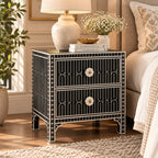 Haveli Black Bone Inlay Nightstand | Geometric 2-Drawer Bedside Cabinet