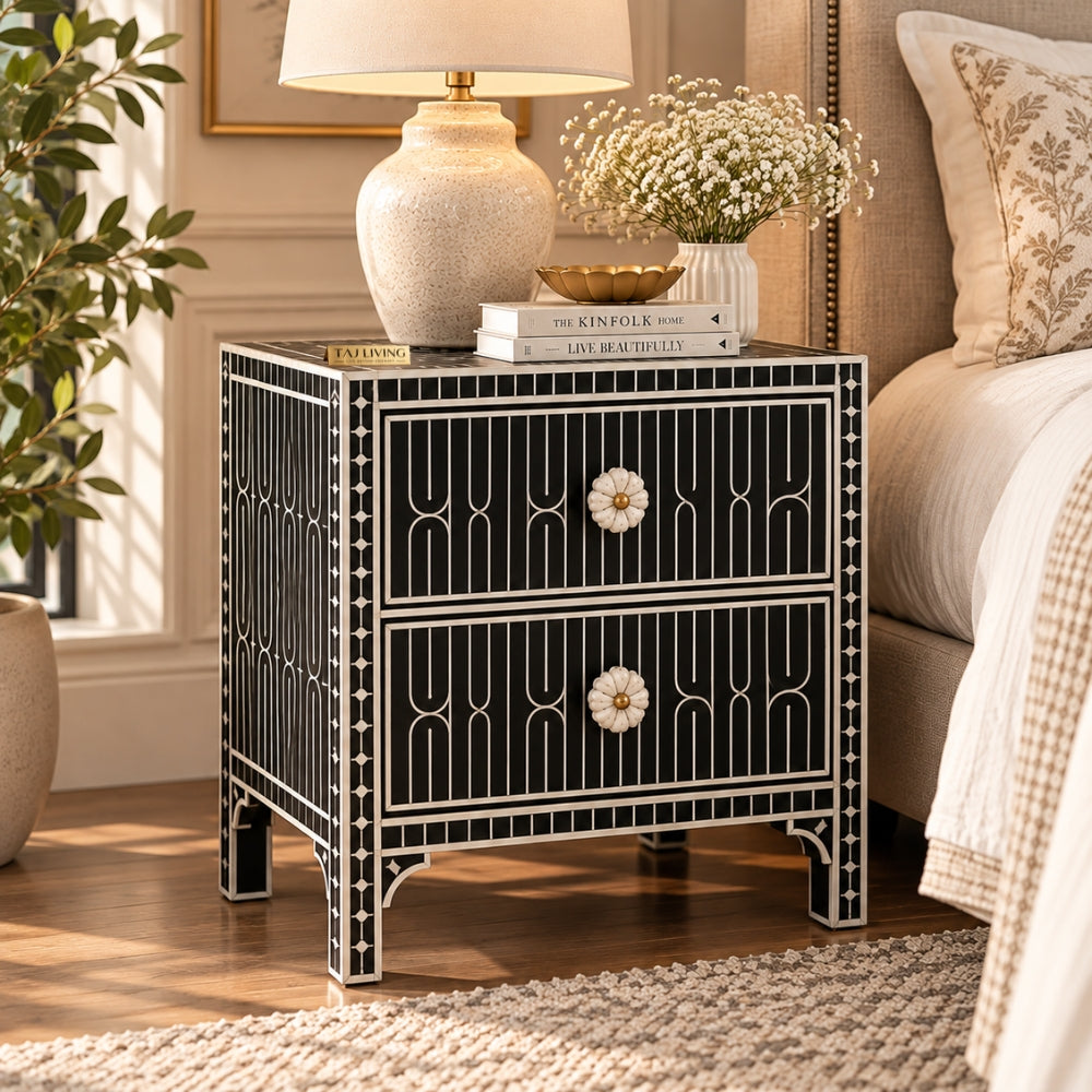 Haveli Black Bone Inlay Nightstand | Geometric 2-Drawer Bedside Cabinet