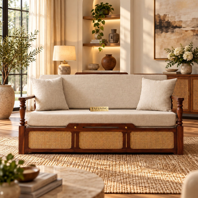 Ayaana Teak Wood 3 Seater Sofa Cum Bed with Cane Weaving | Opens to Double Bed (78x62) Hover Image
