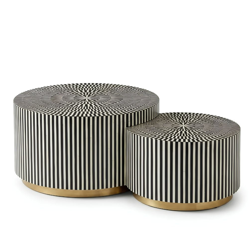 Bone Inlay Black and White Coffee Table Set of 2, Round Nesting Tables