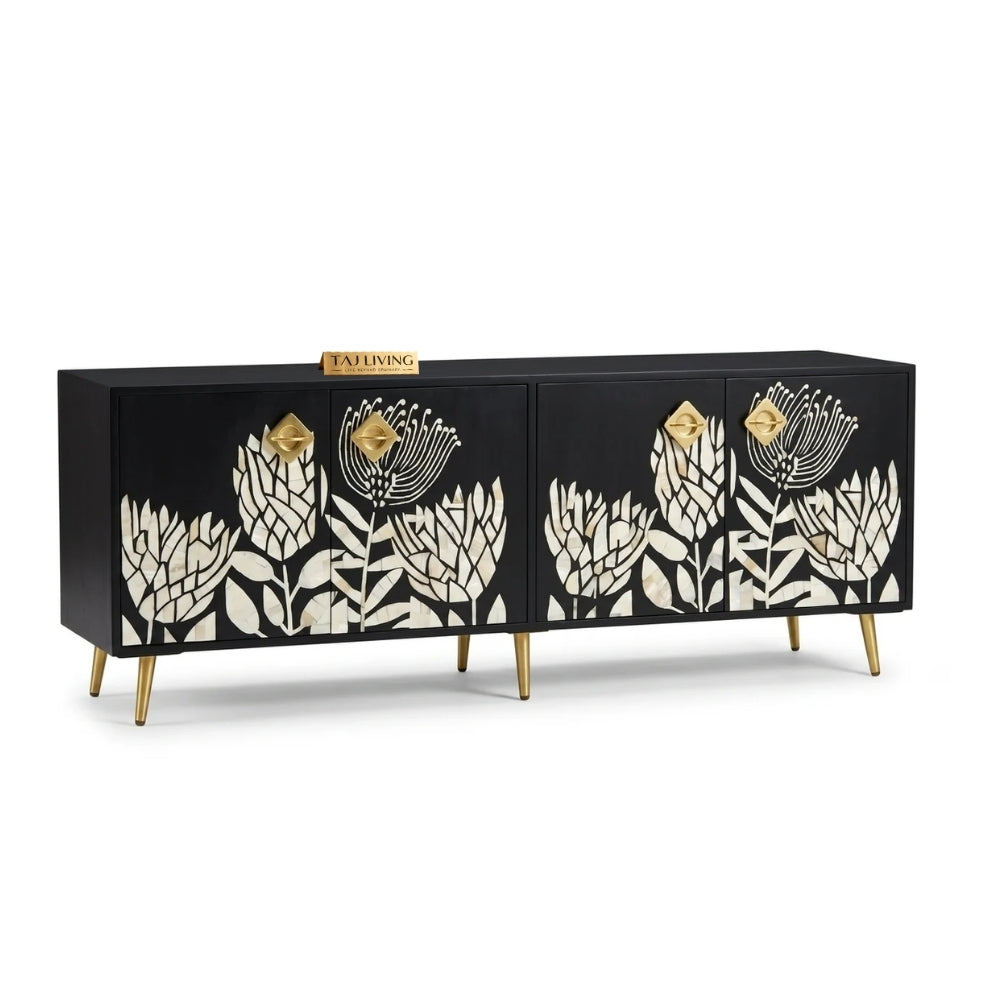 Mother of Pearl Inlay Black TV Unit – 4 Door Media Cabinet