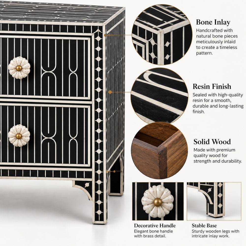 Haveli Black Bone Inlay Nightstand | Geometric 2-Drawer Bedside Cabinet