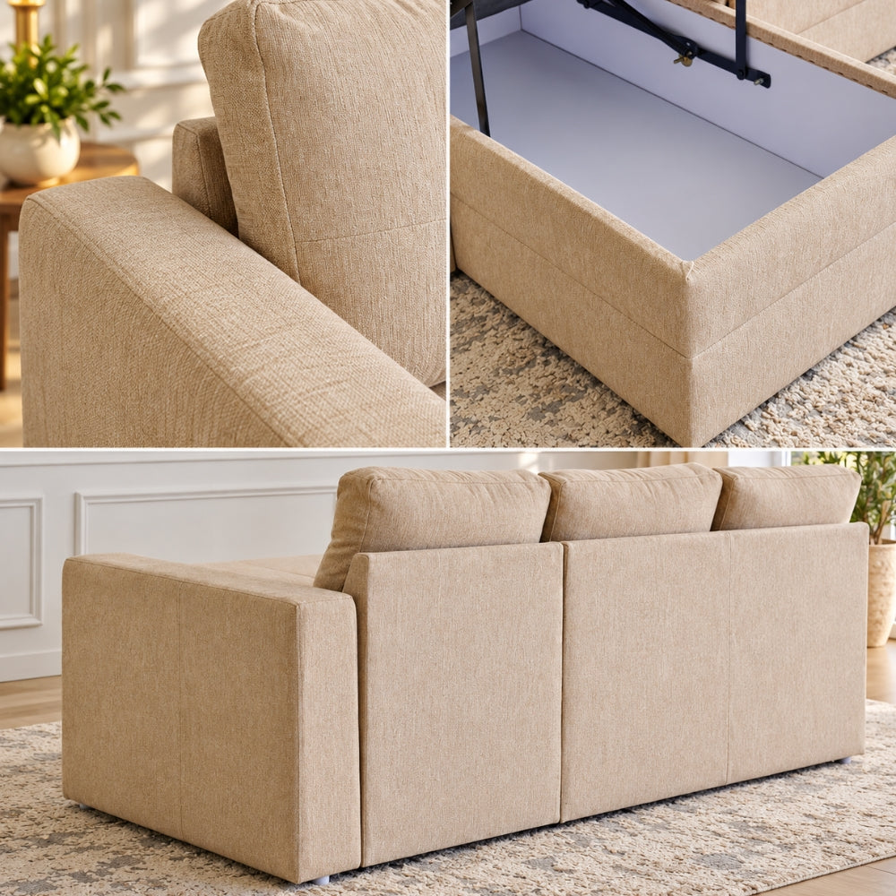 Diwan Fabric 3-Seater Storage Sofa Bed with Interchangeable Chaise - Beige