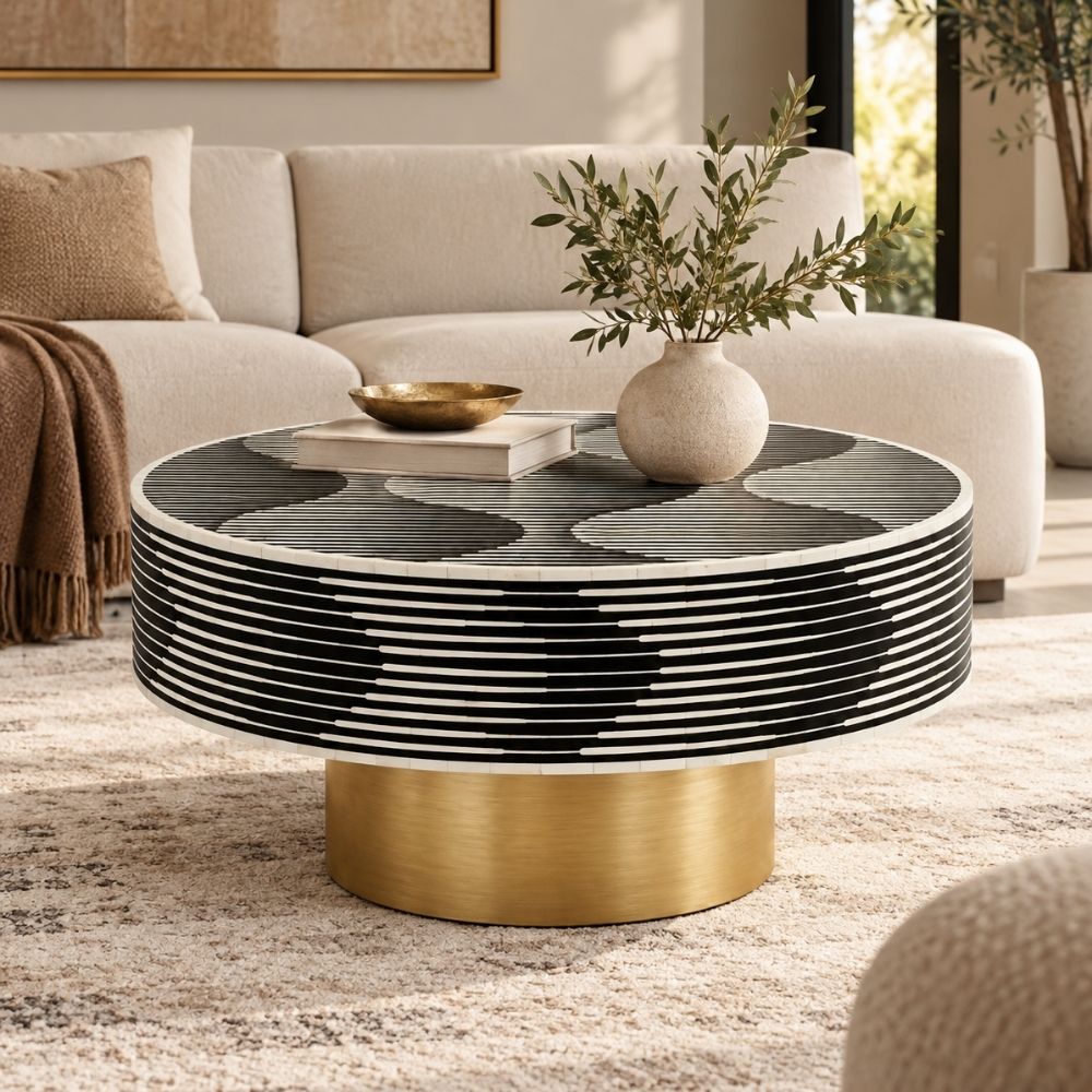 Bone Inlay Round Coffee Table, Black and White Luxury Table with Brass Base
