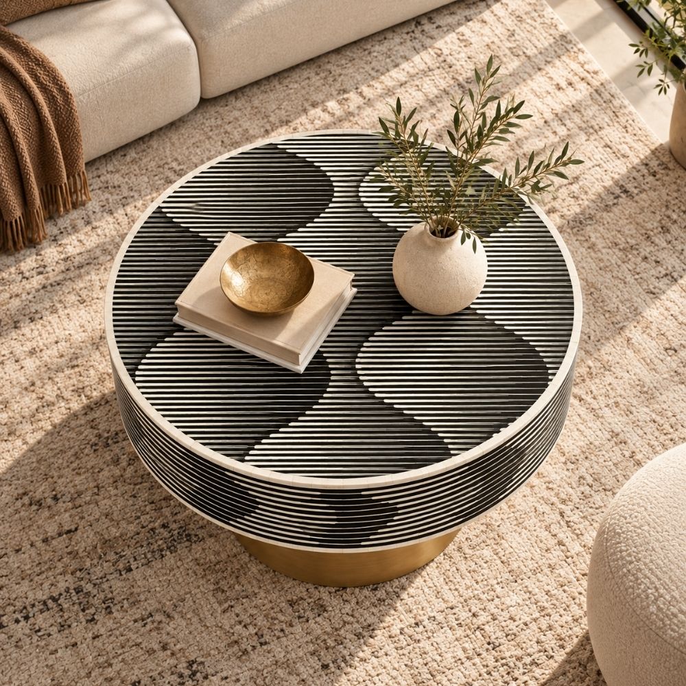 Bone Inlay Round Coffee Table, Black and White Luxury Table with Brass Base