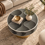 Bone Inlay Round Coffee Table, Black and White Luxury Table with Brass Base