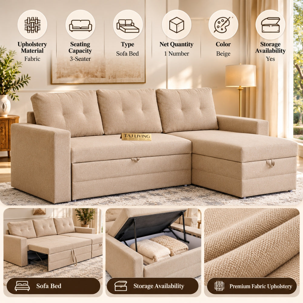 Diwan Fabric 3-Seater Storage Sofa Bed with Interchangeable Chaise - Beige