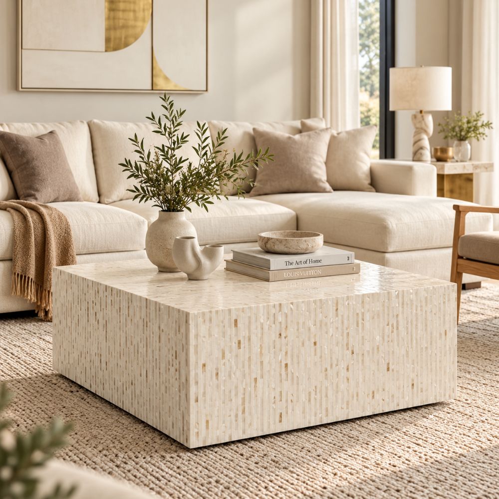 Mother of Pearl Inlay Square Coffee Table, White Luxury Coffee Table