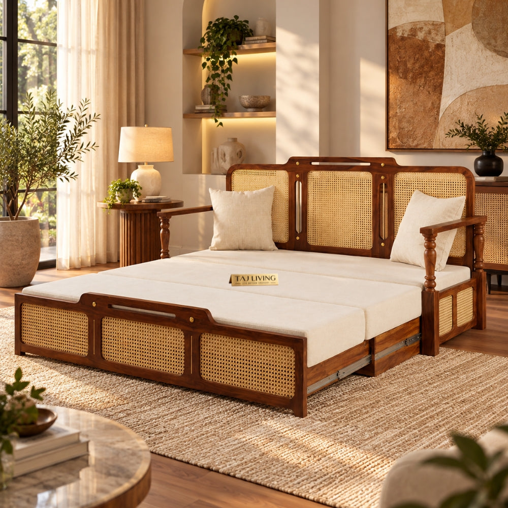 Ayaana Teak Wood 3 Seater Sofa Cum Bed with Cane Weaving | Opens to Double Bed (78x62)
