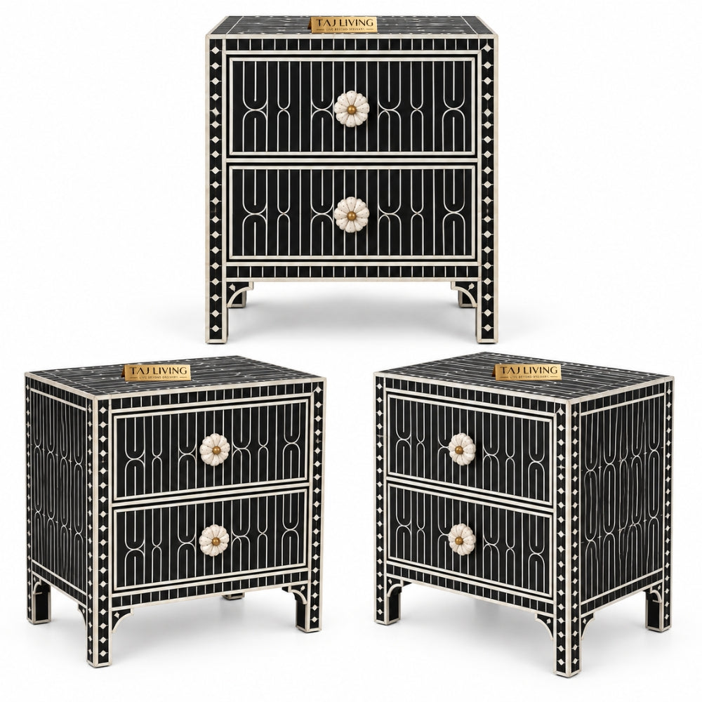 Haveli Black Bone Inlay Nightstand | Geometric 2-Drawer Bedside Cabinet