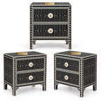 Haveli Black Bone Inlay Nightstand | Geometric 2-Drawer Bedside Cabinet