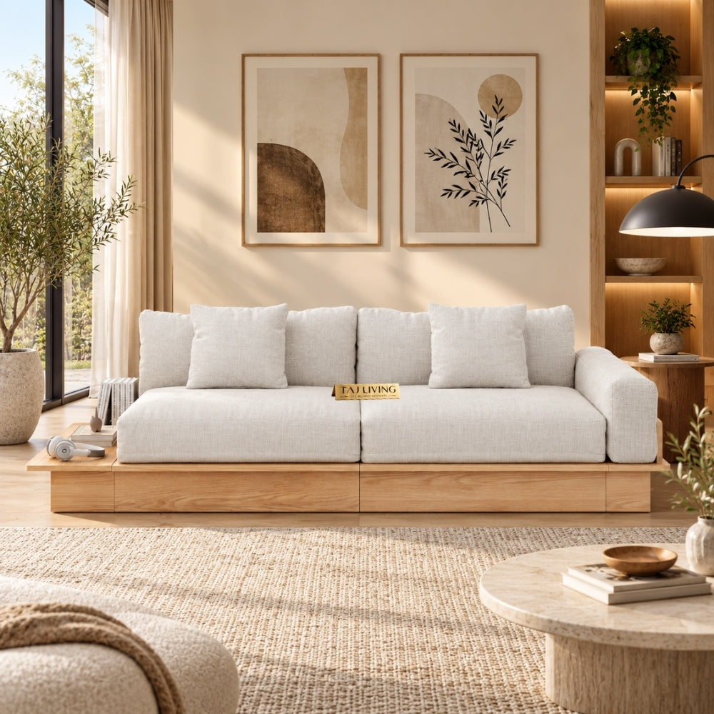Beige Cotton Linen Sleeper Upholstered Sofa Cum Bed