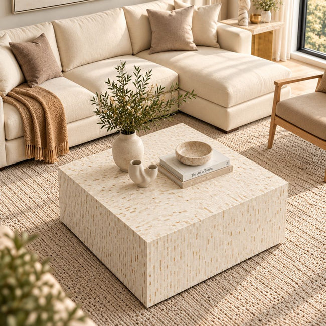 Mother of Pearl Inlay Square Coffee Table, White Luxury Coffee Table Main Image