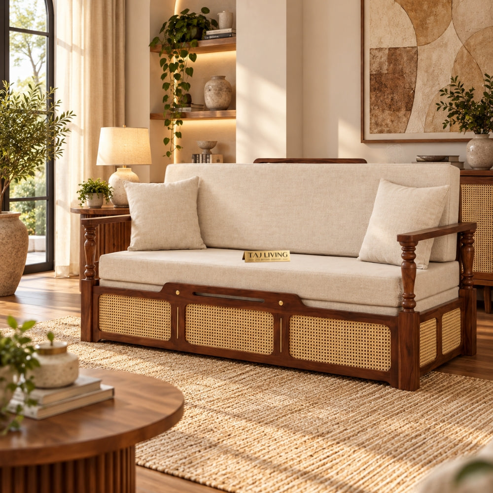 Ayaana Teak Wood 3 Seater Sofa Cum Bed with Cane Weaving | Opens to Double Bed (78x62)