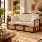 Ayaana Teak Wood 3 Seater Sofa Cum Bed with Cane Weaving | Opens to Double Bed (78x62)