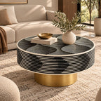 Bone Inlay Round Coffee Table, Black and White Luxury Table with Brass Base