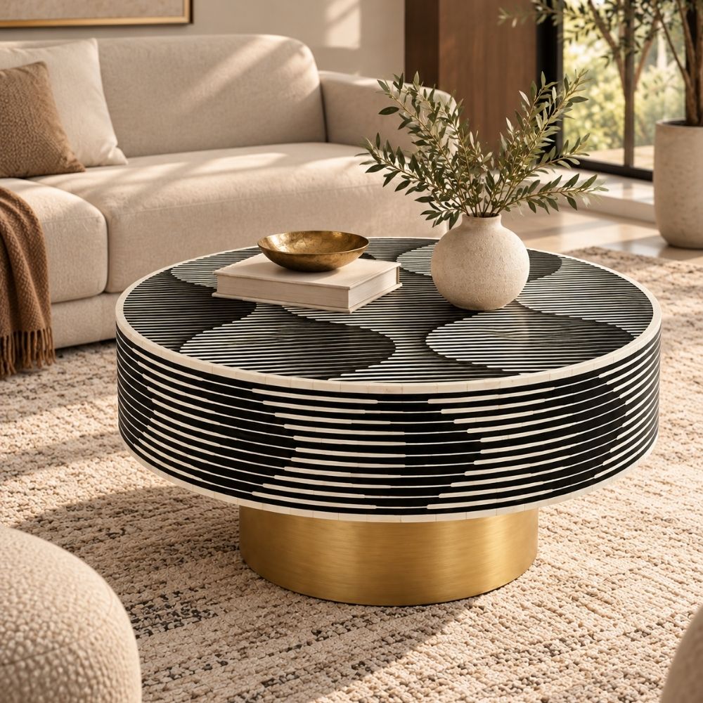 Bone Inlay Round Coffee Table, Black and White Luxury Table with Brass Base