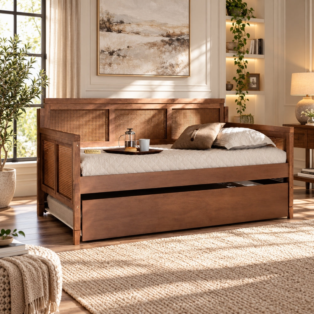 Khaas Solid Wood Upholstered Natural Cane Sofa Cum Bed