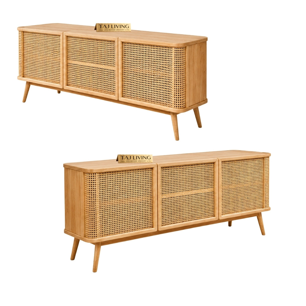 Rattan TV Unit 1 Center Drawer, 2 Cupboards and an Open Shelf