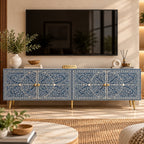 Bone Inlay Blue & White Floral 4-Door TV Unit Media Cabinet
