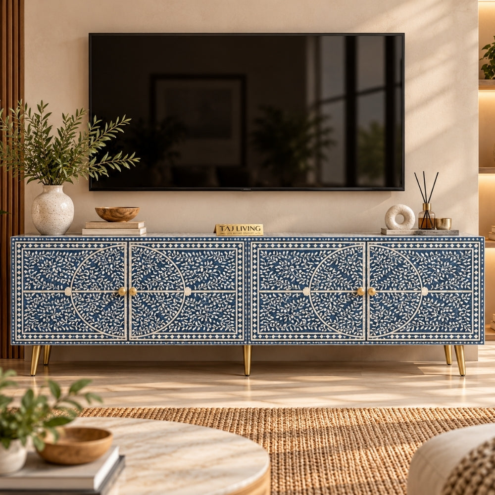 Bone Inlay Blue & White Floral 4-Door TV Unit Media Cabinet