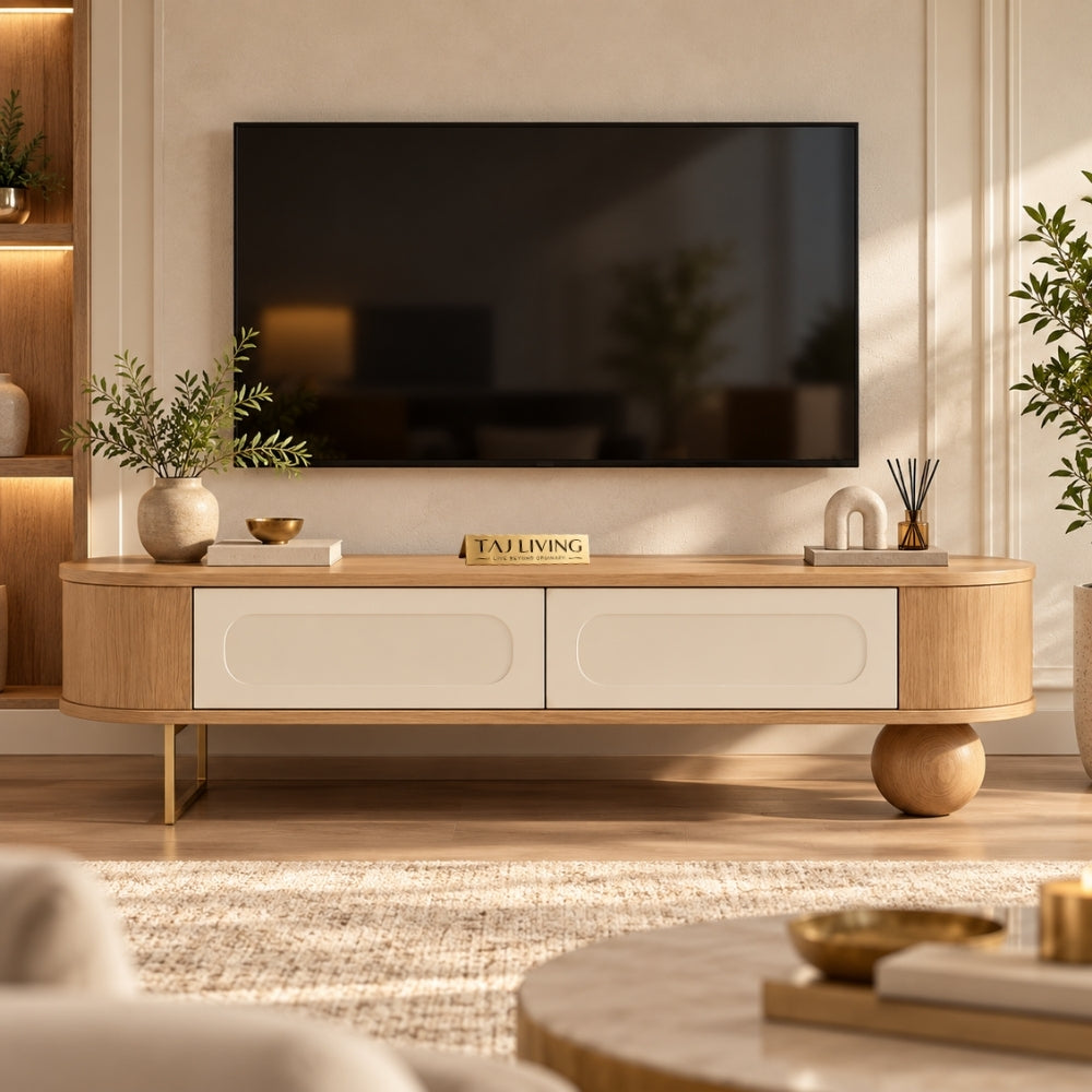 Jhrokha Solid Wood TV Unit – Natural Wooden TV Console