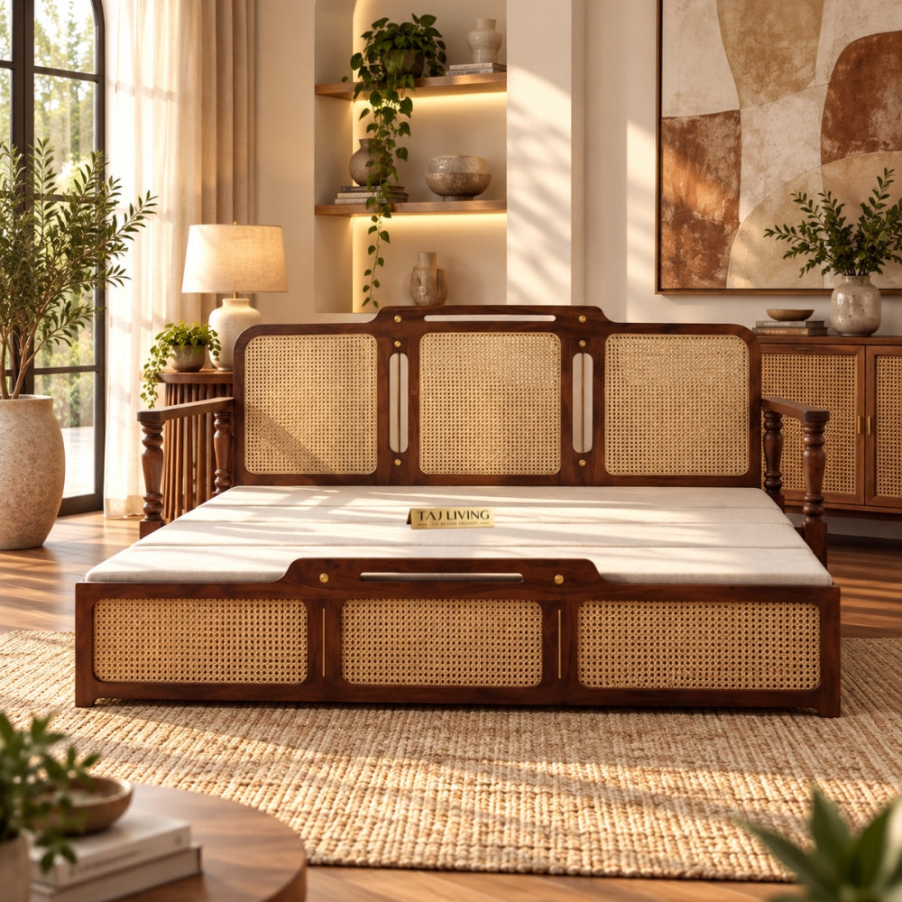 Ayaana Teak Wood 3 Seater Sofa Cum Bed with Cane Weaving | Opens to Double Bed (78x62)
