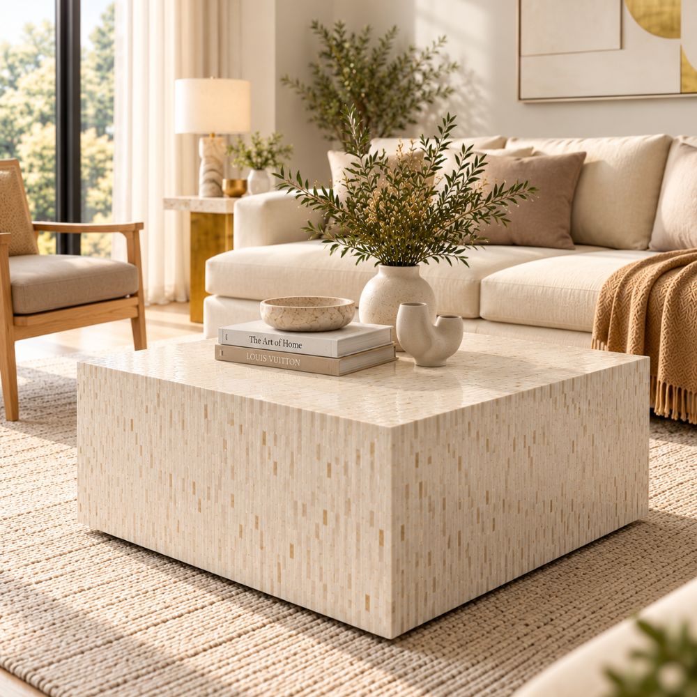 Mother of Pearl Inlay Square Coffee Table, White Luxury Coffee Table