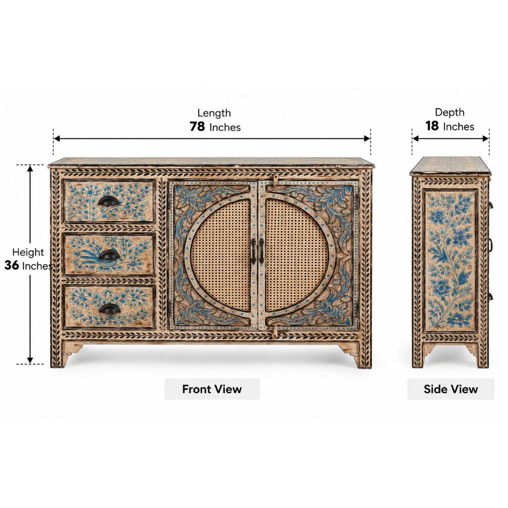 Mandana Handcrafted Bone Inlay & Cane 3-Door Sideboard