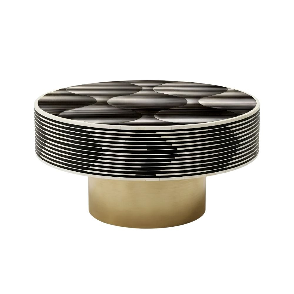 Bone Inlay Round Coffee Table, Black and White Luxury Table with Brass Base
