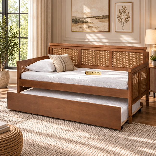 Khaas Solid Wood Upholstered Natural Cane Sofa Cum Bed Main Image