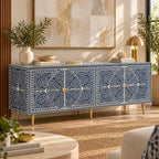 Bone Inlay Blue & White Floral 4-Door TV Unit Media Cabinet