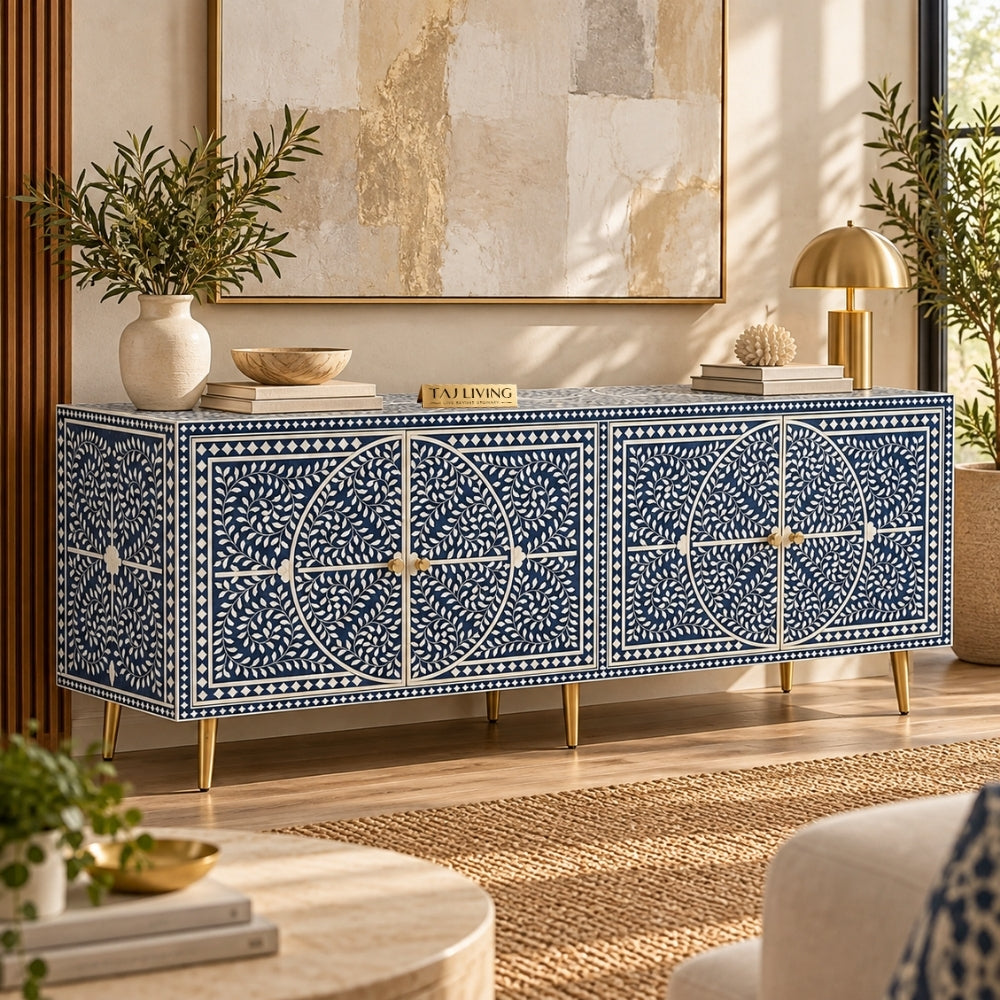 Bone Inlay Blue & White Floral 4-Door TV Unit Media Cabinet